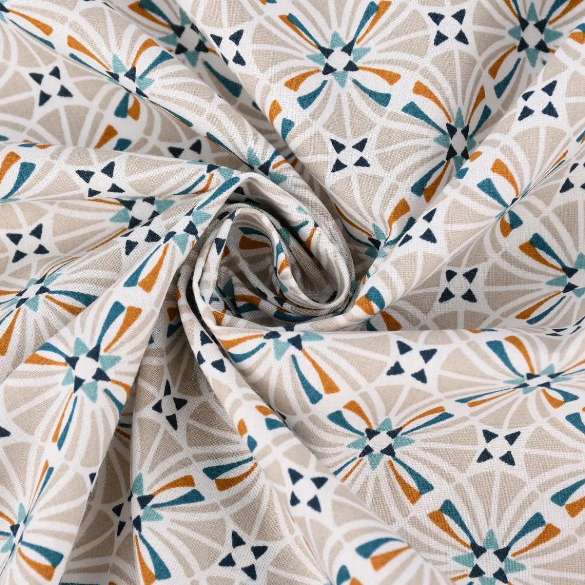 Baumwollstoff CAPUCINE Mandala Retro Blume grafisch weiß beige petrol ocker 1,50m Breite