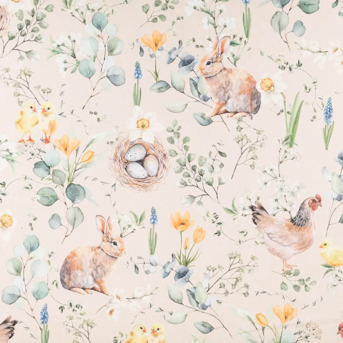 Baumwollstoff Dekostoff Halbpanama Digitaldruck Happy Spring Scene Frühling Ostern natur 1,40m Breite