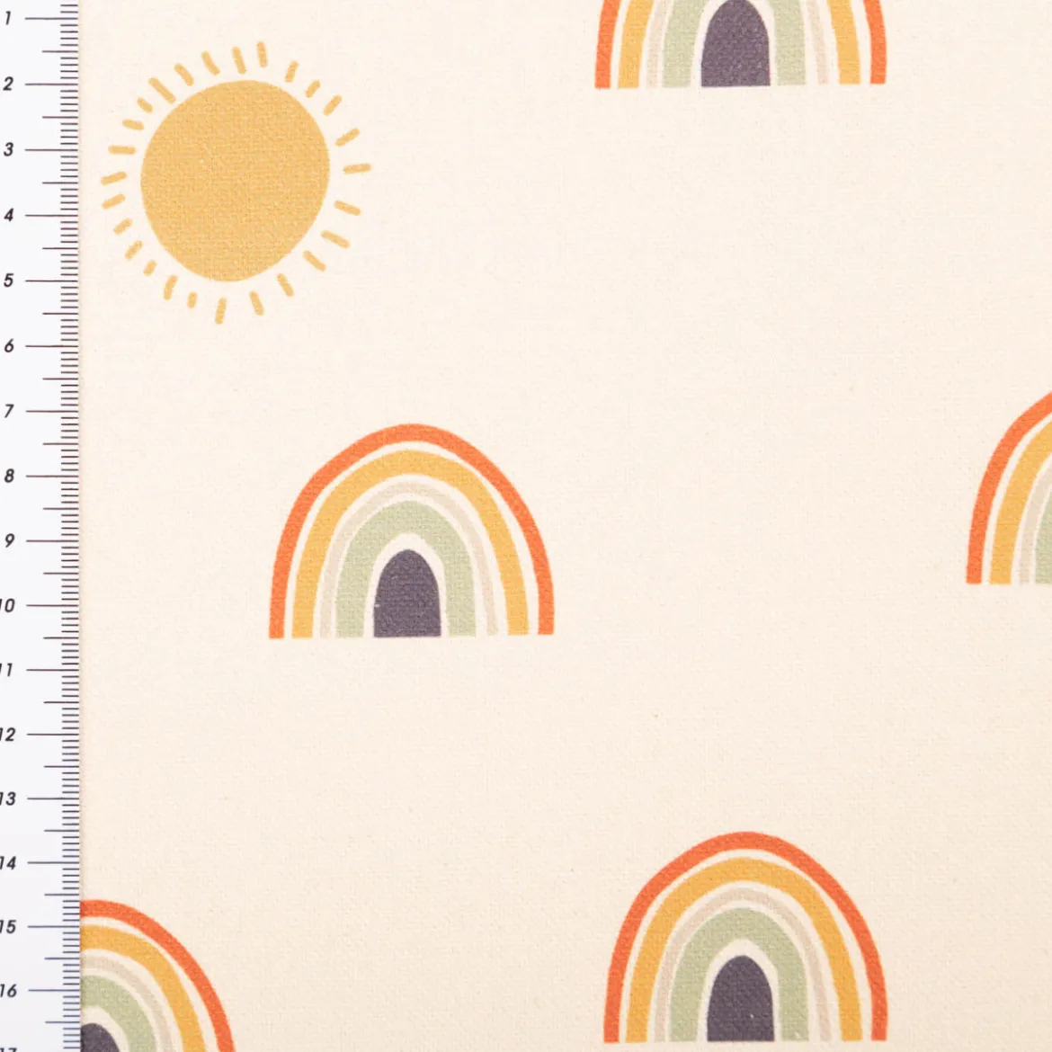 Baumwollstoff Dekostoff Halbpanama Digitaldruck Regenbogen und Sonnen beige bunt 1,40m Breite