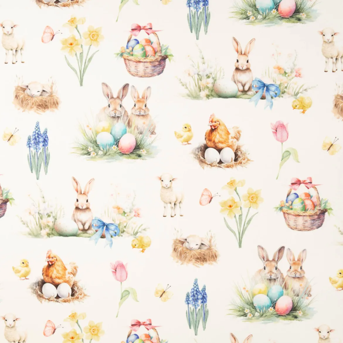 Baumwollstoff Dekostoff Ostern Digitaldruck Easter Garden Joy weiß bunt 1,4m Breite