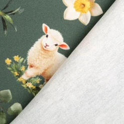Baumwollstoff Dekostoff Ostern Digitaldruck Bohemian Easter Mood Küken Lamm grün 1,4m Breite