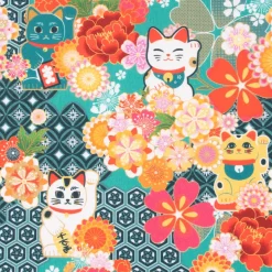 Baumwollstoff Digitaldruck MIYUKI Winkekatze Blumen türkis bunt 1,5m Breite