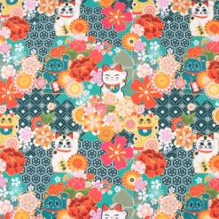 Baumwollstoff Digitaldruck MIYUKI Winkekatze Blumen türkis bunt 1,5m Breite