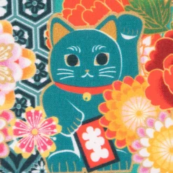 Baumwollstoff Digitaldruck MIYUKI Winkekatze Blumen türkis bunt 1,5m Breite