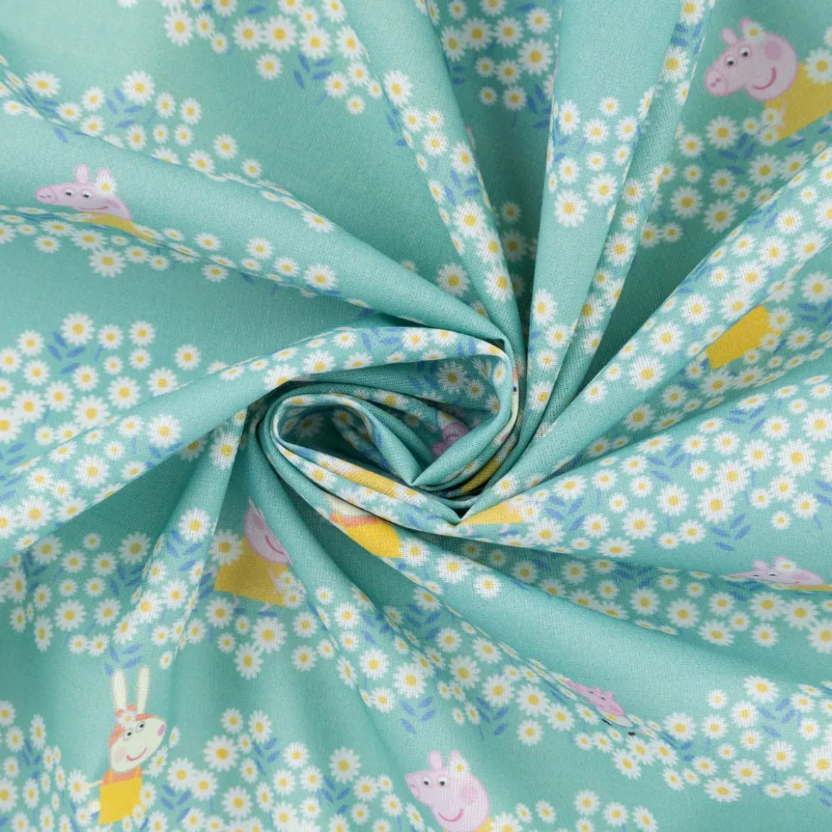 Baumwollstoff Digitaldruck Patchworkstoff Peppa Pig Blumenwiese türkis 1,40m Breite
