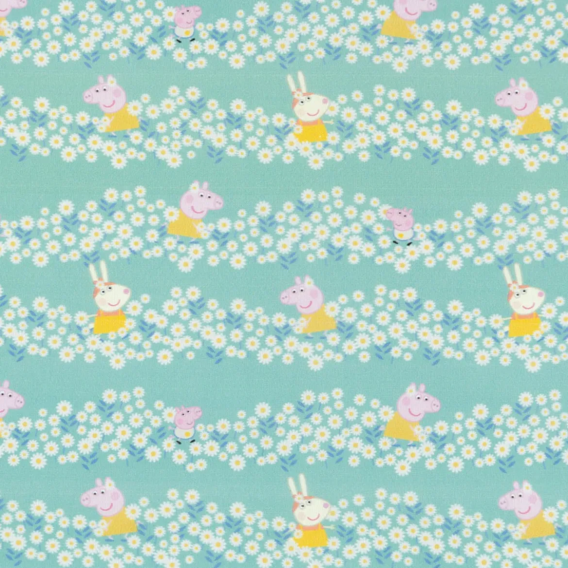 Baumwollstoff Digitaldruck Patchworkstoff Peppa Pig Blumenwiese türkis 1,40m Breite