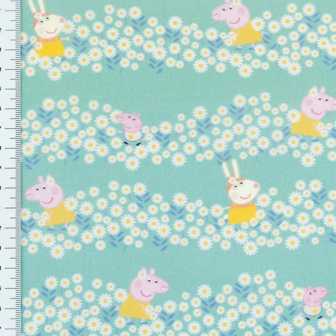 Baumwollstoff Digitaldruck Patchworkstoff Peppa Pig Blumenwiese türkis 1,40m Breite