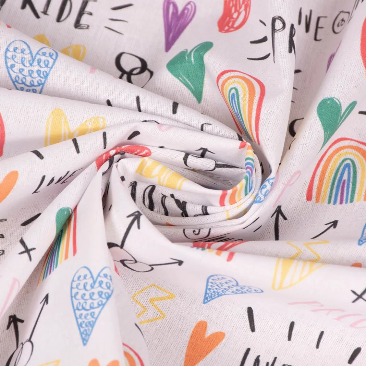 Baumwollstoff Digitaldruck Patchworkstoff Pride Regenbogen Herzen weiß bunt 1,40m Breite