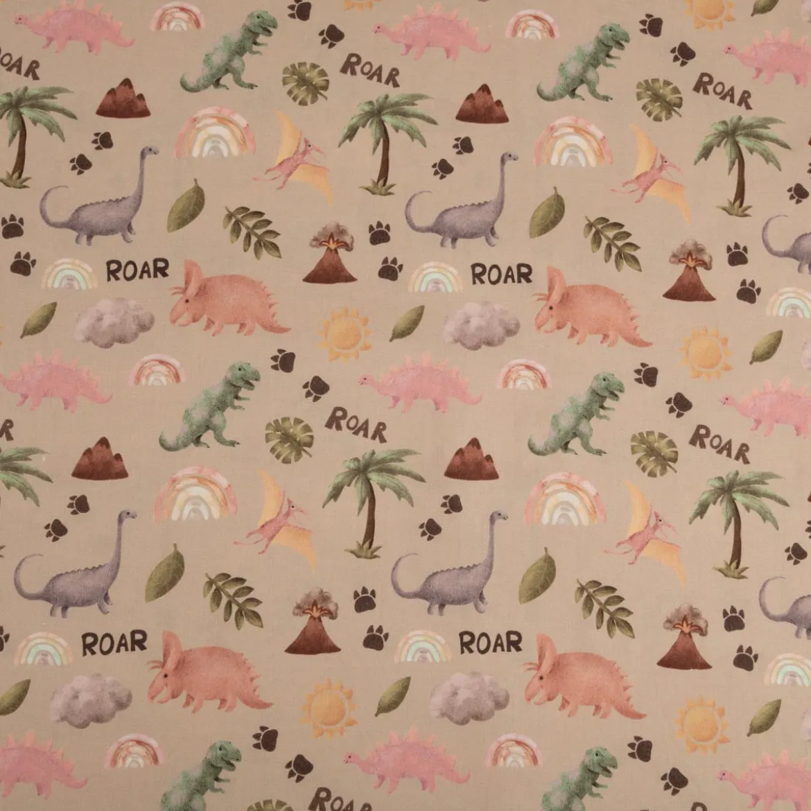 Baumwollstoff Dinosaurier Digitaldruck beige grün rosa 1,48m Breite