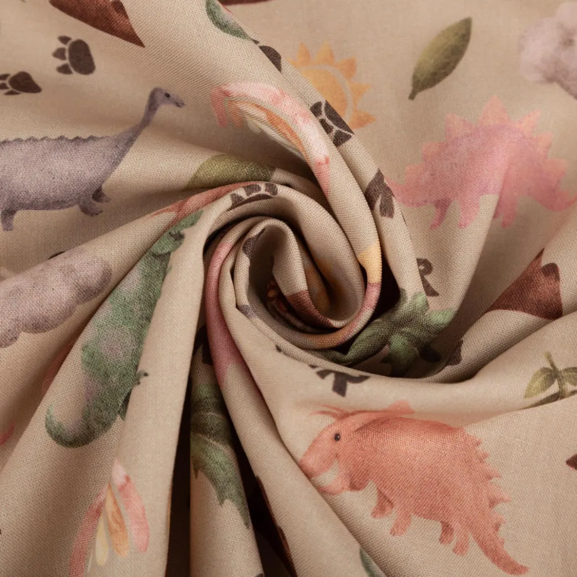 Baumwollstoff Dinosaurier Digitaldruck beige grün rosa 1,48m Breite