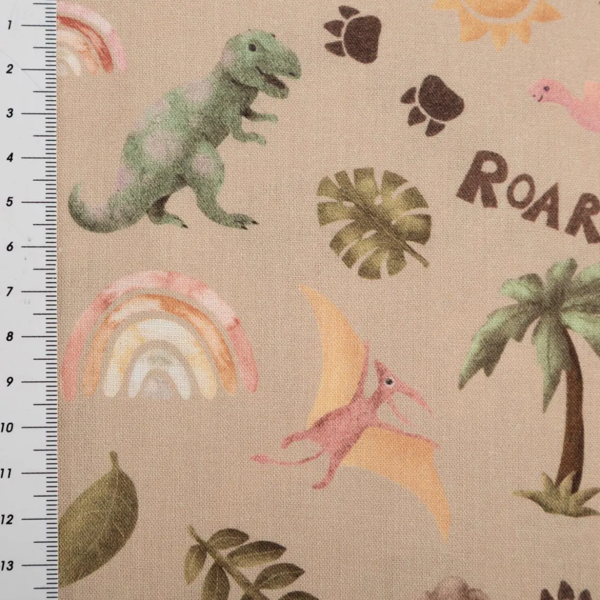 Baumwollstoff Dinosaurier Digitaldruck beige grün rosa 1,48m Breite