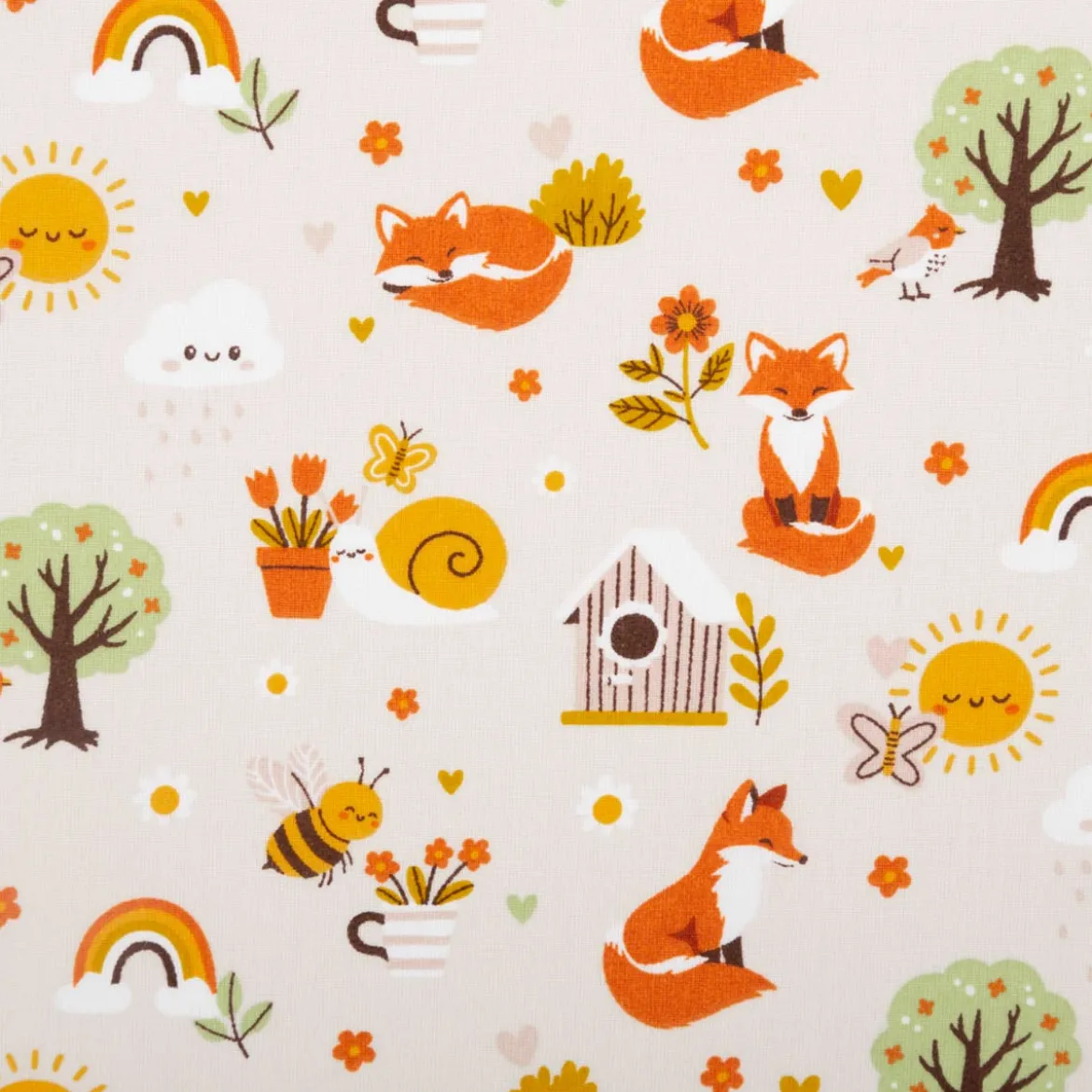 Baumwollstoff Füchse Bienen Blumen beige orange 1,40m Breite