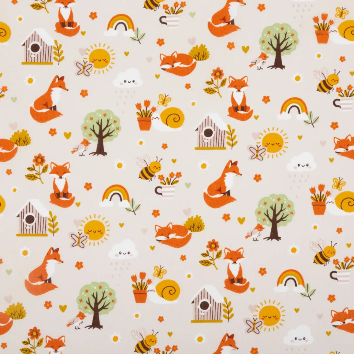 Baumwollstoff Füchse Bienen Blumen beige orange 1,40m Breite