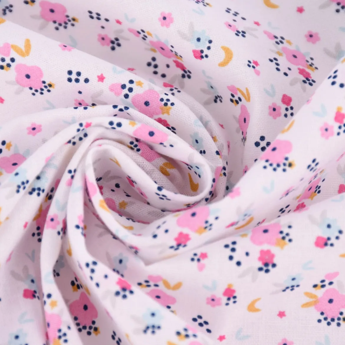 Baumwollstoff FLEDI Blümchen Sterne Mond weiß rosa blau ocker 1,50m Breite