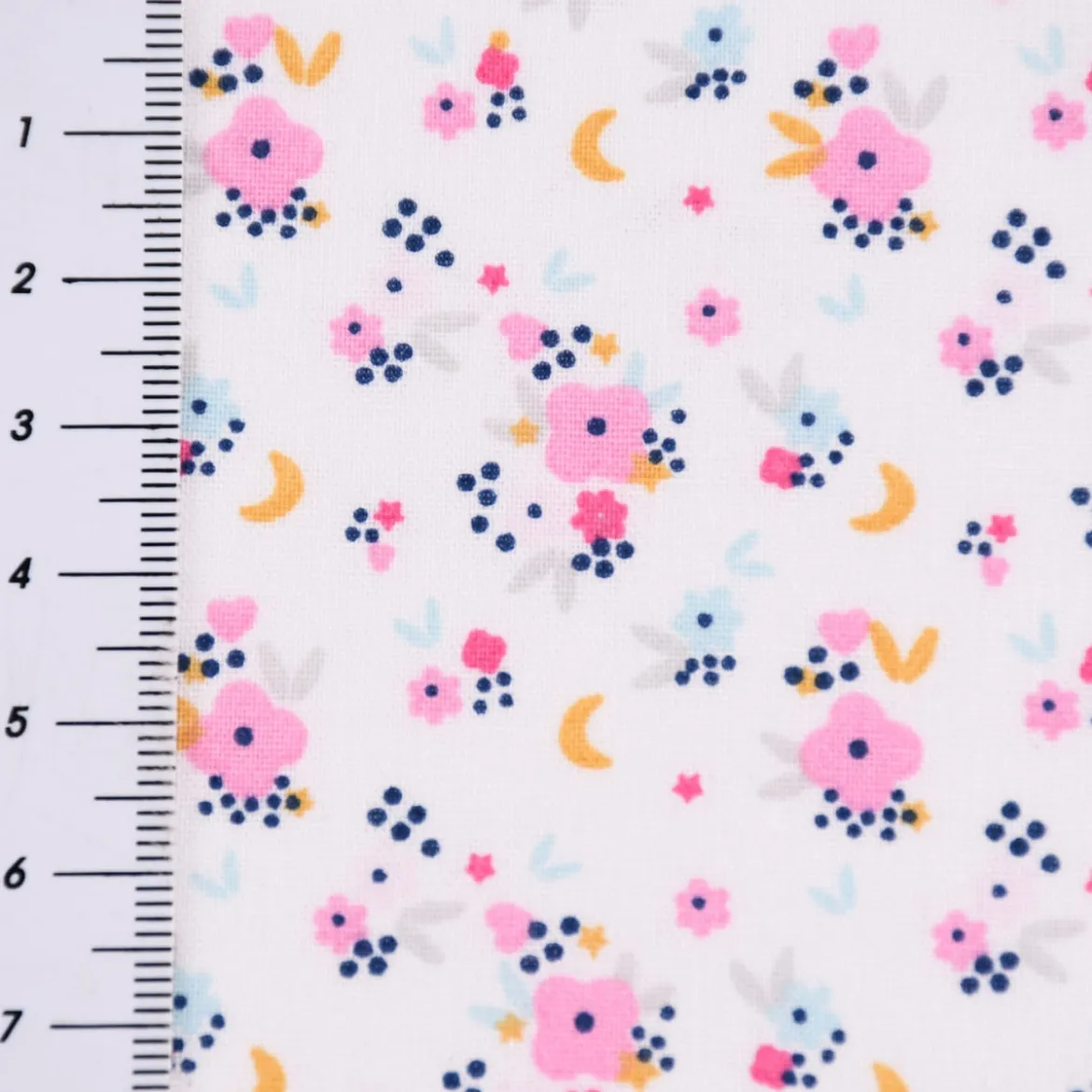 Baumwollstoff FLEDI Blümchen Sterne Mond weiß rosa blau ocker 1,50m Breite