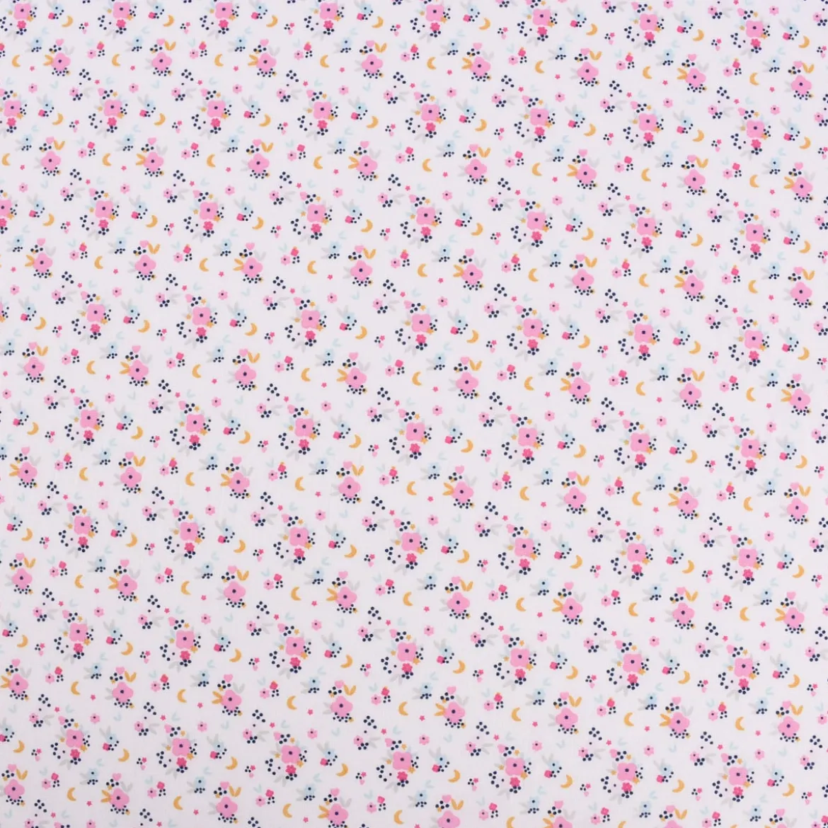 Baumwollstoff FLEDI Blümchen Sterne Mond weiß rosa blau ocker 1,50m Breite