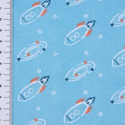 Baumwollstoff FUBOZ Rakete Galaxie Stern blau orange weiß 1,50m Breite