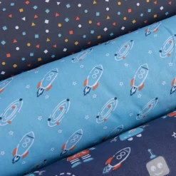 Baumwollstoff FUBOZ Rakete Galaxie Stern blau orange weiß 1,50m Breite