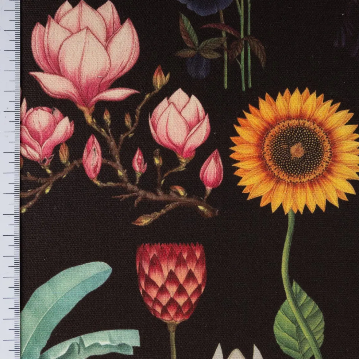 Baumwollstoff Halbpanama Blumen Palmenblätter schwarz bunt 1,40m Breite