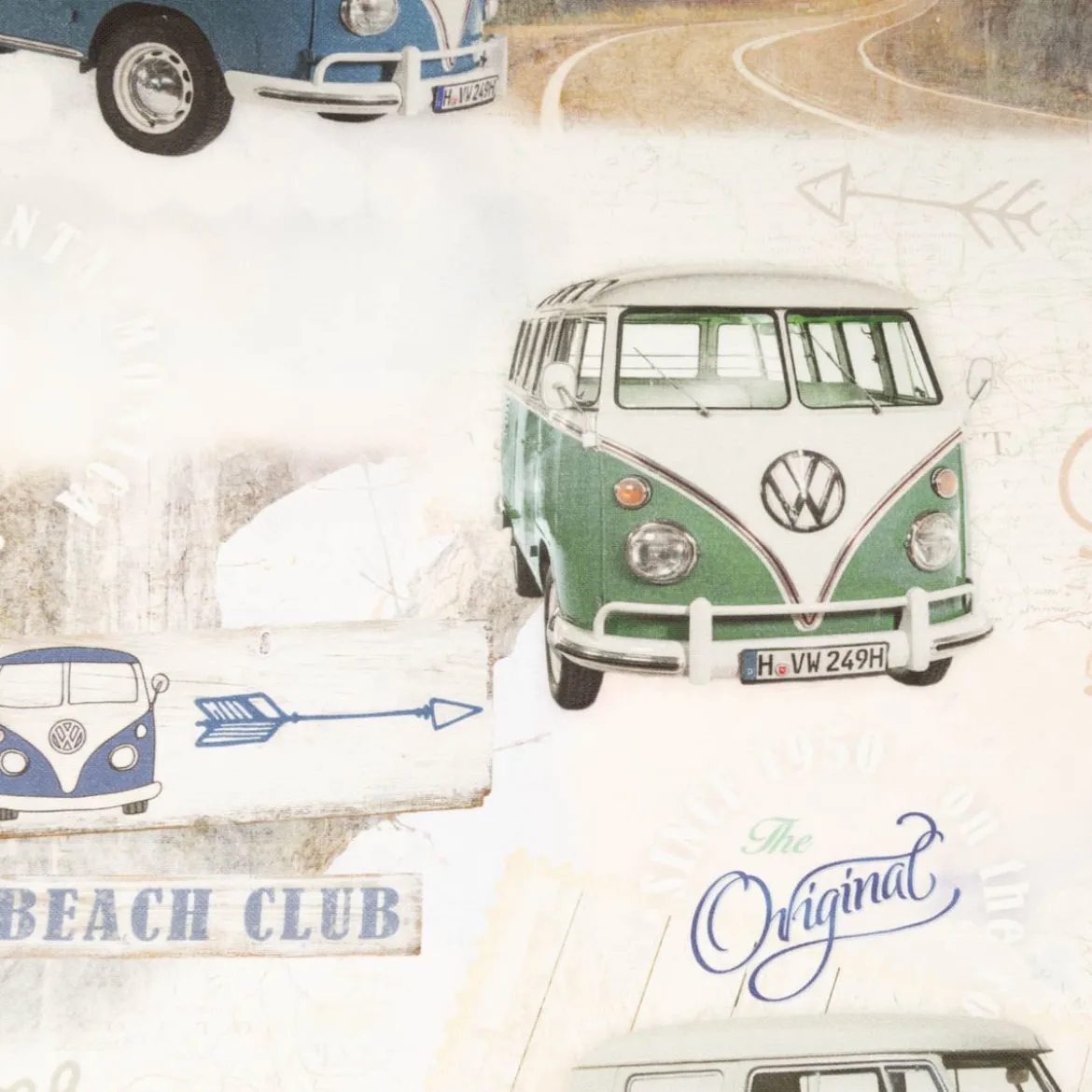 Baumwollstoff Halbpanama VW Original Vintage Bus Beige Blau Grün 1,40m Breite