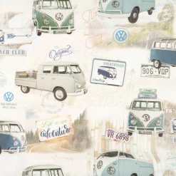 Baumwollstoff Halbpanama VW Original Vintage Bus Beige Blau Grün 1,40m Breite