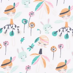 Baumwollstoff JAELLE Fee Blumen Hase weiß mint rosa beige ocker 1,5m Breite