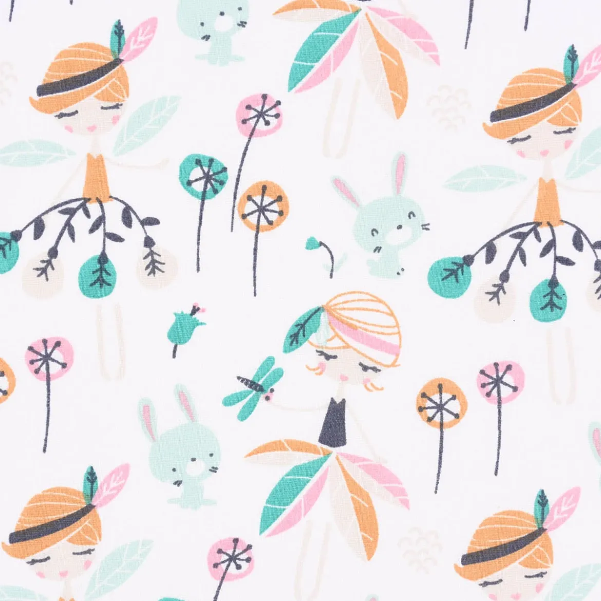 Baumwollstoff JAELLE Fee Blumen Hase weiß mint rosa beige ocker 1,5m Breite