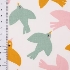 Baumwollstoff Kinderstoff Webware Lewis Vögelchen weiß rosa gelb mint 1,47m Breite