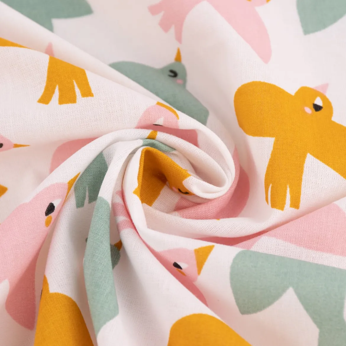 Baumwollstoff Kinderstoff Webware Lewis Vögelchen weiß rosa gelb mint 1,47m Breite