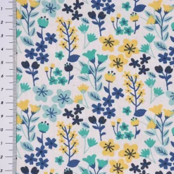 Baumwollstoff MILLY Blumen Sträucher weiß blau gelb 1,5m Breite