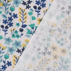 Baumwollstoff MILLY Blumen Sträucher weiß blau gelb 1,5m Breite