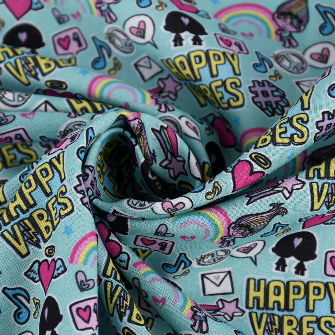 Baumwollstoff Organic Bio Popeline Trolls Happy Vibes türkis 1,50m Breite