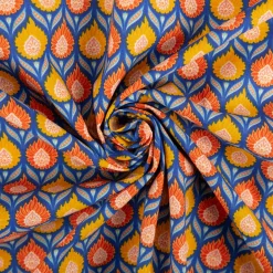 Baumwollstoff Perkal Retro Blumen Luka blau orange gelb 1,5m Breite