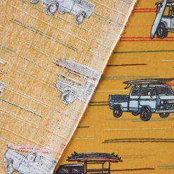 Baumwollstoff Popeline Auto Truck Surfbrett Streifen ocker gelb rot blau 1,50m Breite