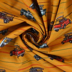 Baumwollstoff Popeline Auto Truck Surfbrett Streifen ocker gelb rot blau 1,50m Breite