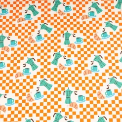 Baumwollstoff Popeline Cafe Espressokannen Croissants orange türkis 1,50m Breite