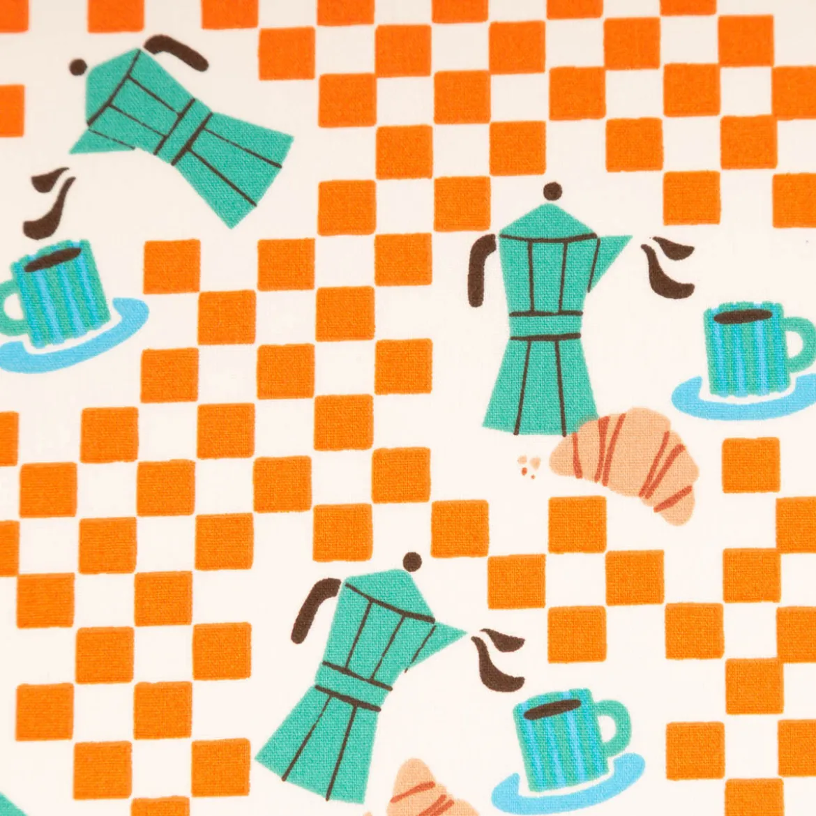 Baumwollstoff Popeline Cafe Espressokannen Croissants orange türkis 1,50m Breite
