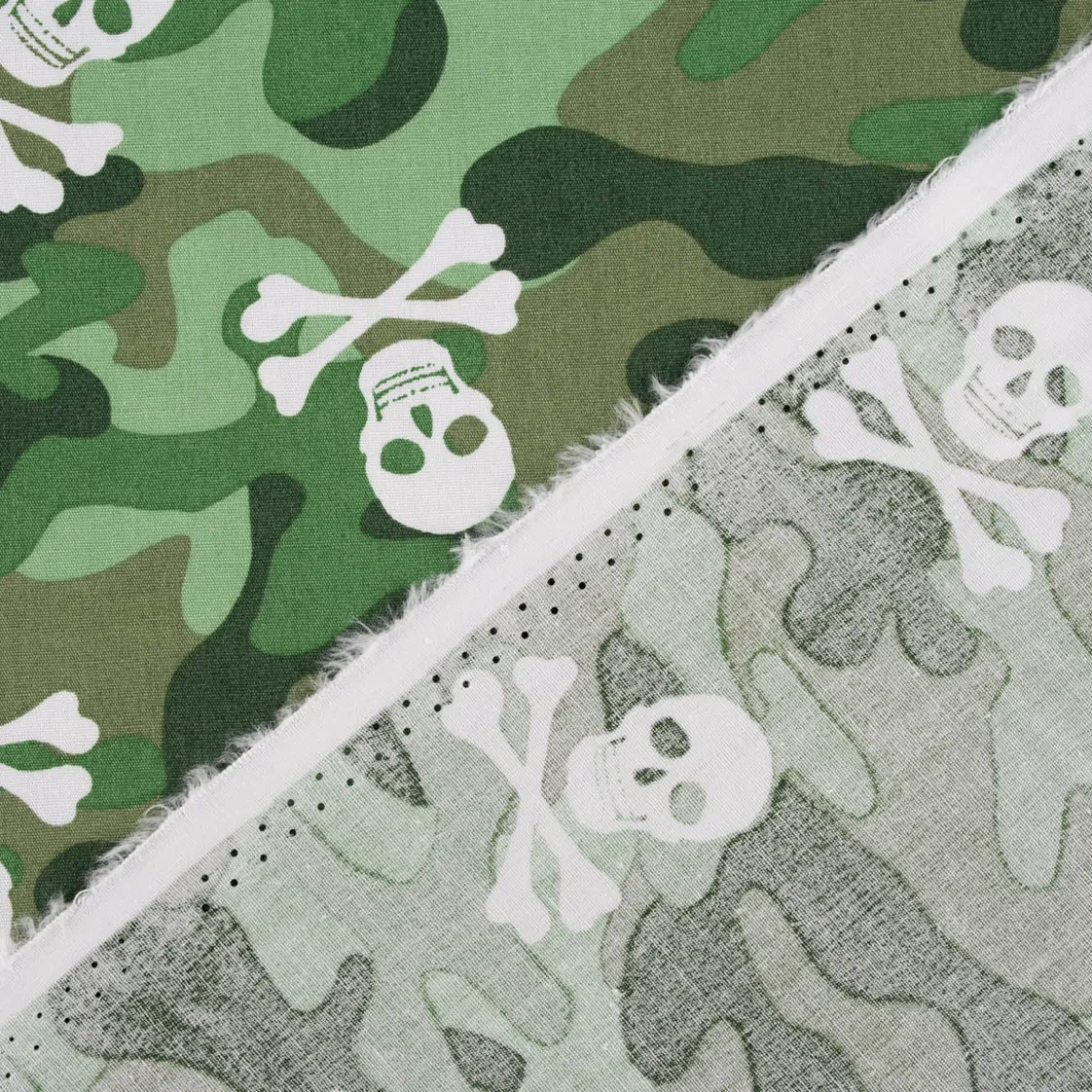 Baumwollstoff Popeline Camouflage Totenköpfe grün 1,44m Breite