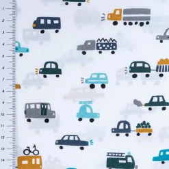 Baumwollstoff Popeline CARS Autos Bus weiß blau 1,4m Breite