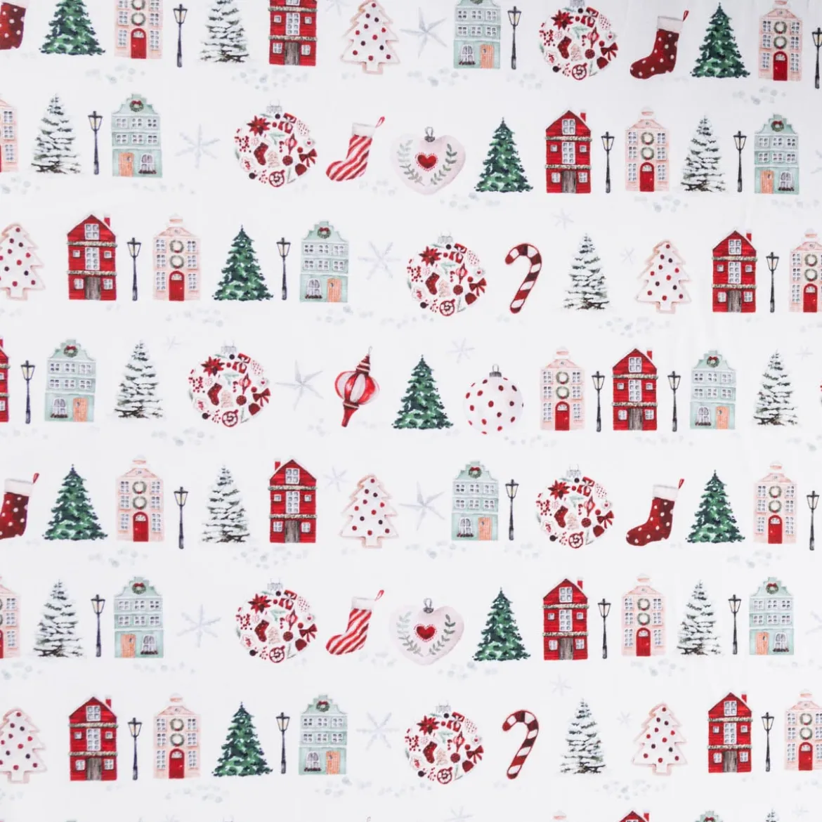 Baumwollstoff Popeline Digitaldruck Anvers Weihnachtshäuser weiß rot 1,47m Breite
