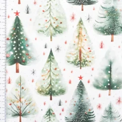 Baumwollstoff Popeline Digitaldruck Weihnachtsstoff Ivalo Tannenbäume weiß grün 1,47m Breite