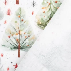 Baumwollstoff Popeline Digitaldruck Weihnachtsstoff Ivalo Tannenbäume weiß grün 1,47m Breite