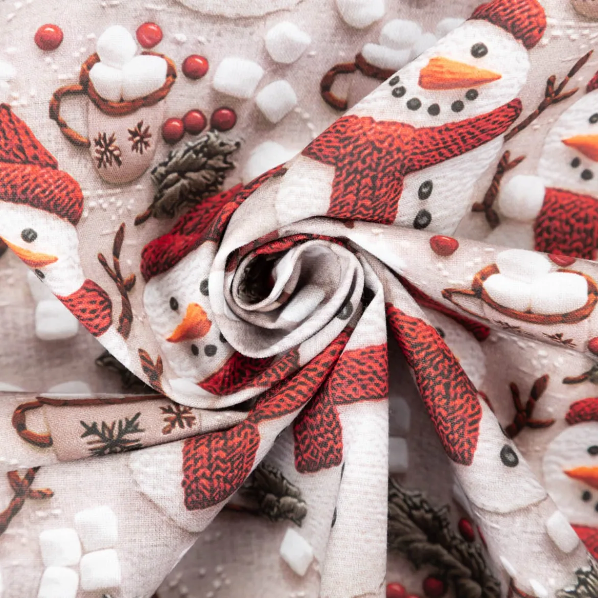 Baumwollstoff Popeline Digitaldruck Weihnachtsstoff Marshmallow Schneemänner grau rot1,47m Breite