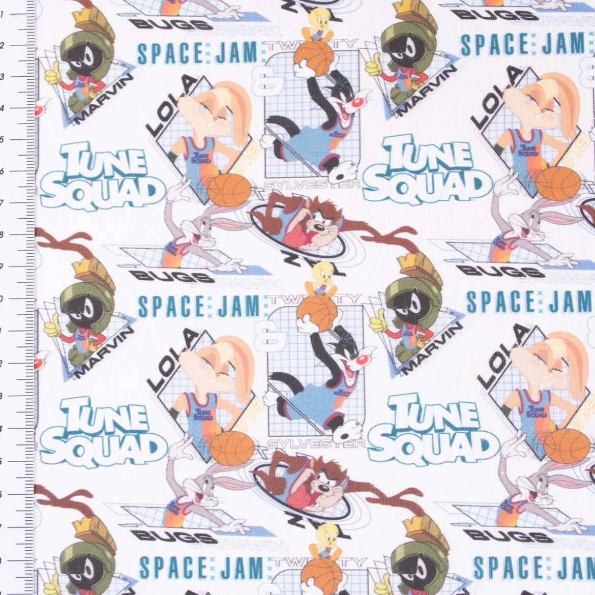 Baumwollstoff Popeline Digitaldruck Space Jam Tune Squad Marvin Sylvester weiß blau bunt 1,5m Breite