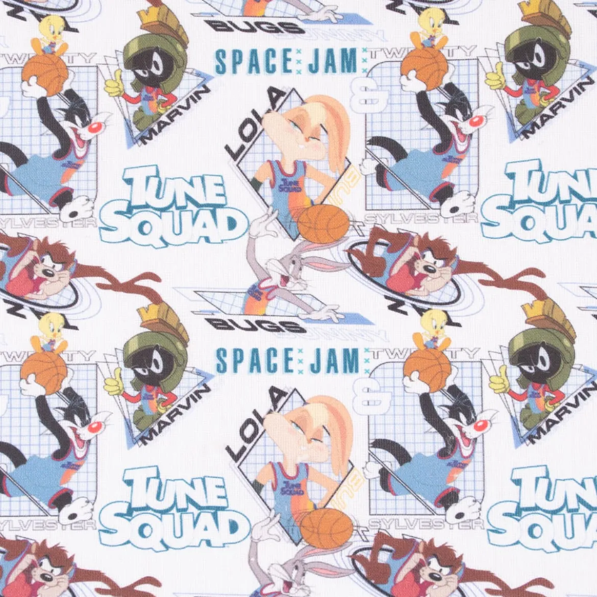 Baumwollstoff Popeline Digitaldruck Space Jam Tune Squad Marvin Sylvester weiß blau bunt 1,5m Breite