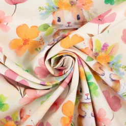 Baumwollstoff Popeline Digitaldruck Kaninchen mit Blumen ecru rosa orange grün 1,47m Breite