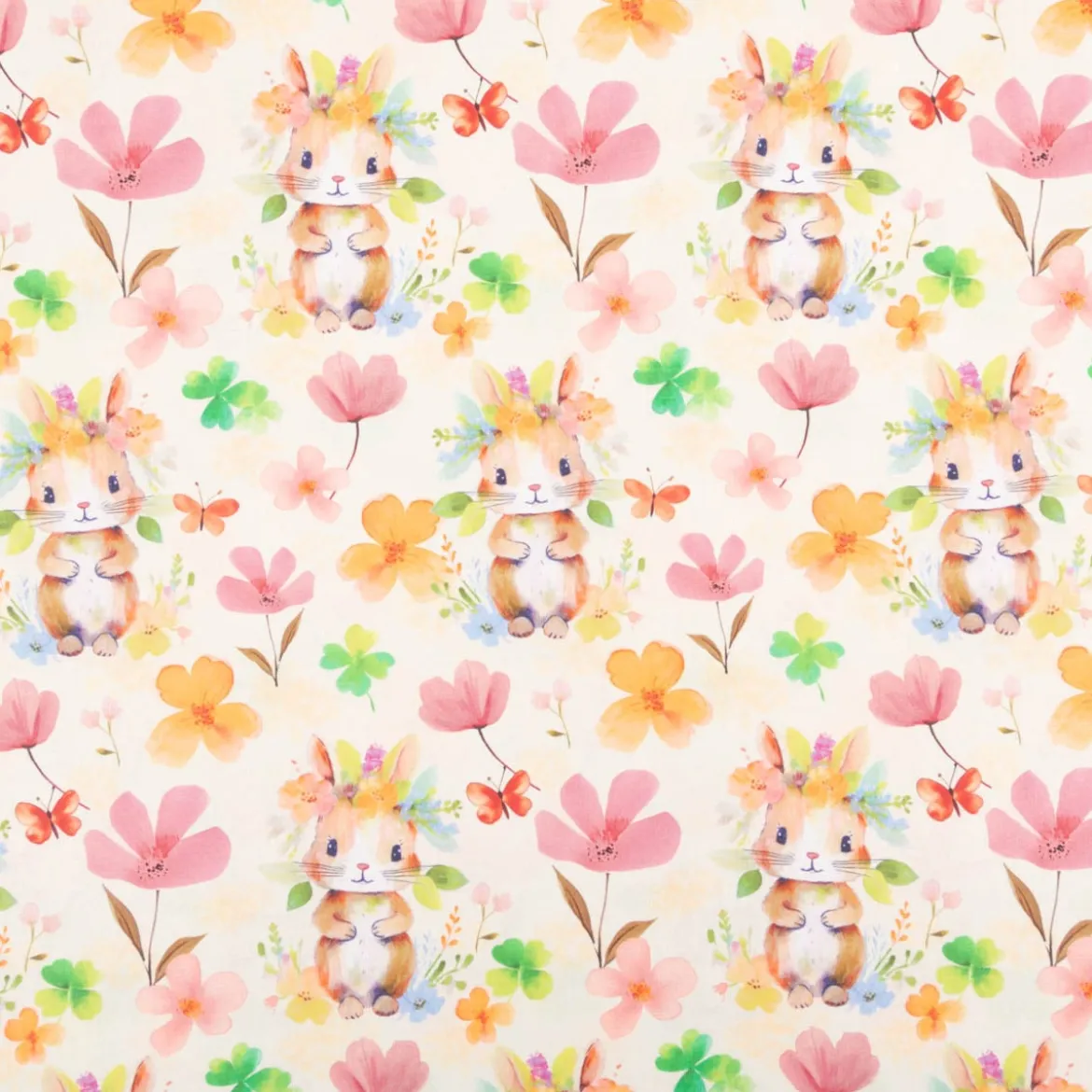 Baumwollstoff Popeline Digitaldruck Kaninchen mit Blumen ecru rosa orange grün 1,47m Breite