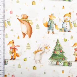 Baumwollstoff Popeline Digitaldruck Nochou Waldtiere Christbaum weiß grün 1,50m Breite