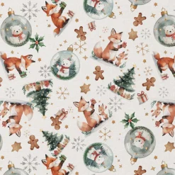 Baumwollstoff Popeline Digitaldruck Foxno Füchse Schneekugeln ecru grün 1,50m Breite