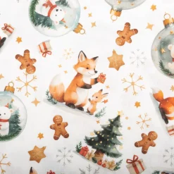 Baumwollstoff Popeline Digitaldruck Foxno Füchse Schneekugeln ecru grün 1,50m Breite